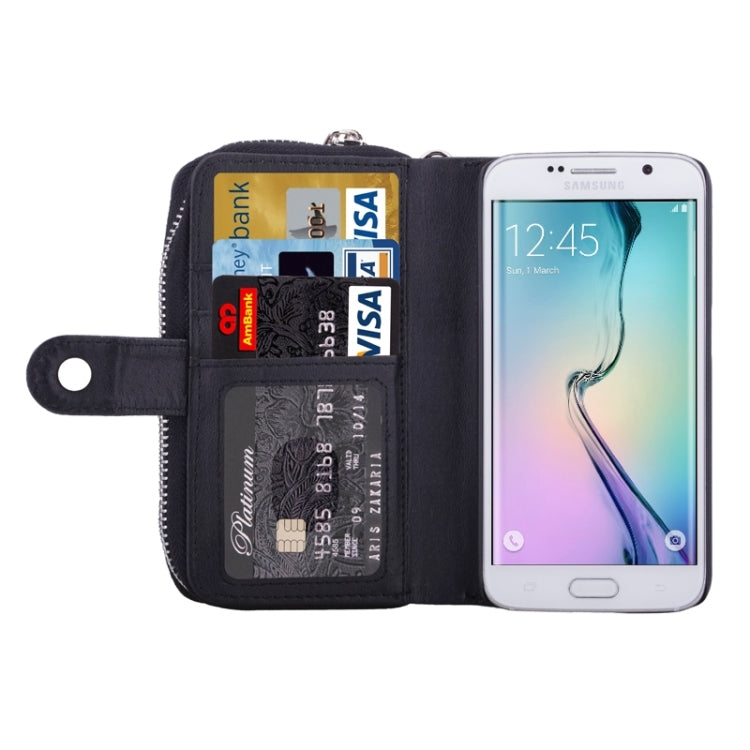 For Galaxy S6 Edge 2 in 1 Separable Zipper Wallet Leather Case with Lanyard (Black)