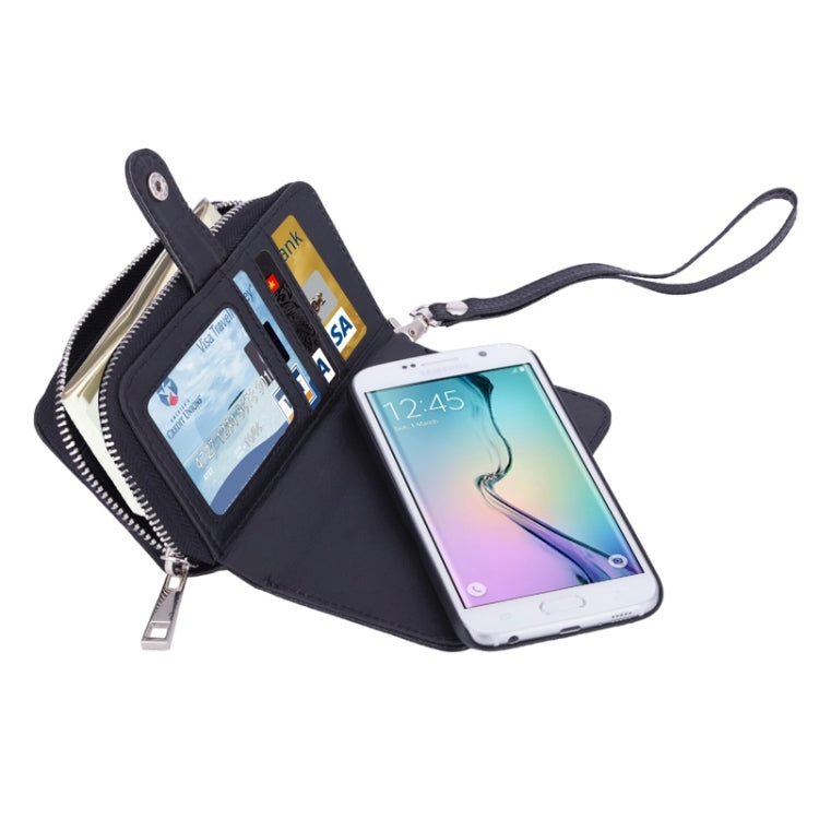 For Galaxy S6 Edge 2 in 1 Separable Zipper Wallet Leather Case with Lanyard (Black)