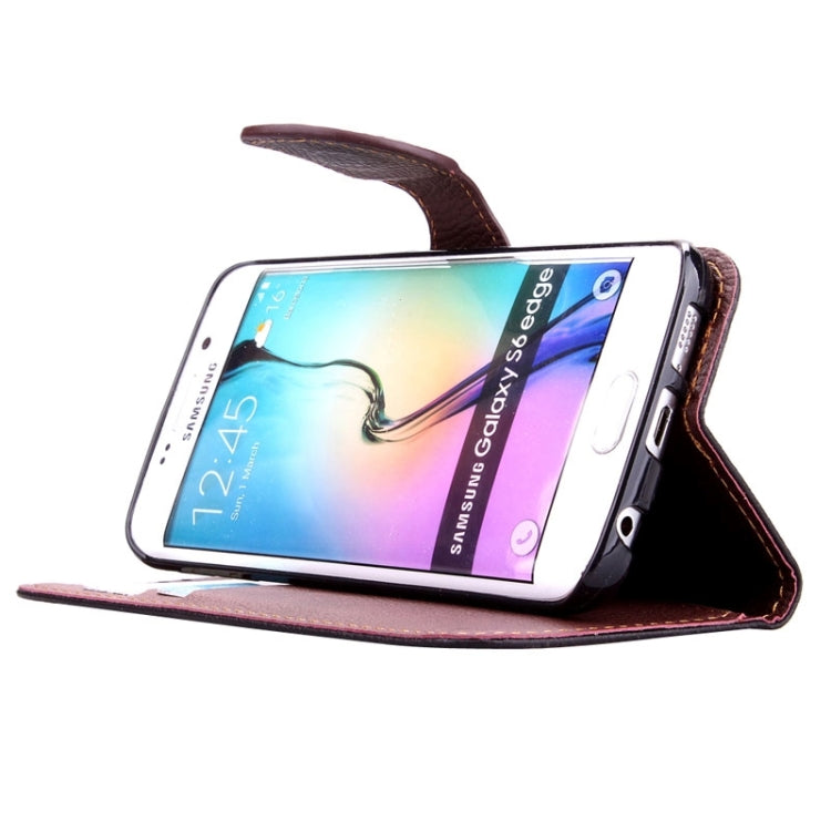 For Galaxy S6 Edge Leaf Magnetic Snap Litchi Texture Horizontal Flip Leather Case with Card Slots & Holder & Lanyard