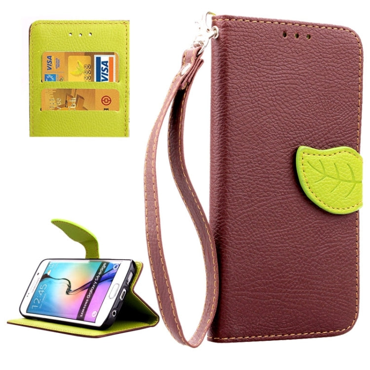 For Galaxy S6 Edge Leaf Magnetic Snap Litchi Texture Horizontal Flip Leather Case with Card Slots & Holder & Lanyard