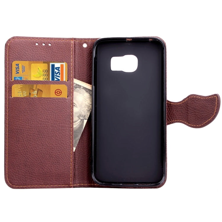For Galaxy S6 Edge Leaf Magnetic Snap Litchi Texture Horizontal Flip Leather Case with Card Slots & Holder & Lanyard