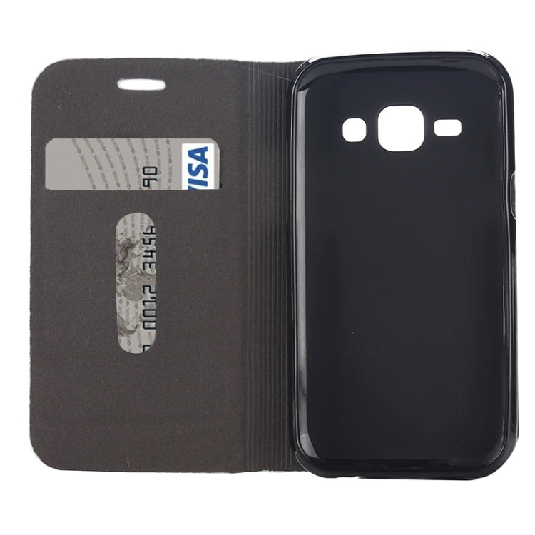 Horizontal Flip Canvas Leather Case with Card Slot & Holder for Galaxy J1