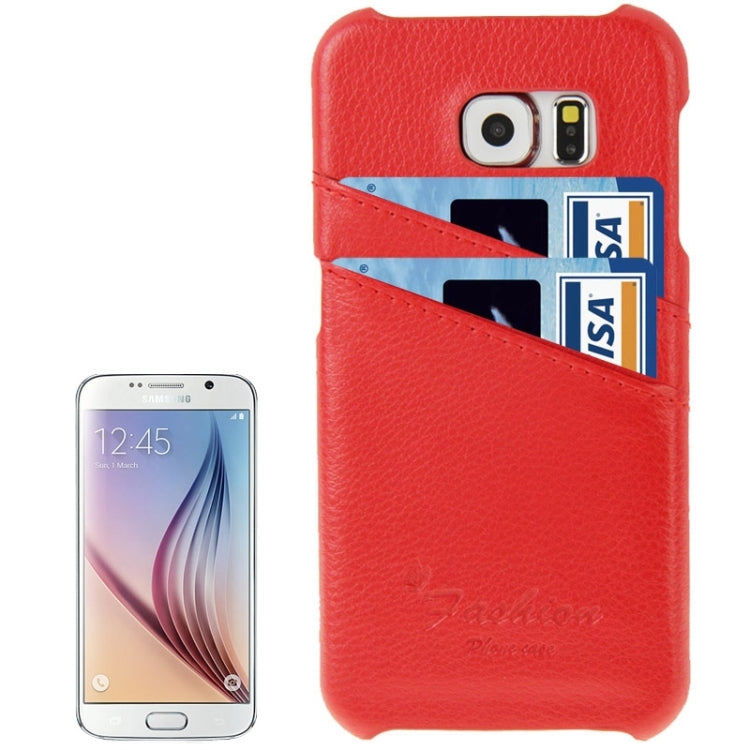 For Galaxy S6 / G920 Litchi Texture Genuine Leather Back Cover Case with Card Slots and Fashion Logo