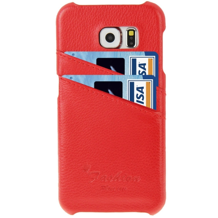For Galaxy S6 / G920 Litchi Texture Genuine Leather Back Cover Case with Card Slots and Fashion Logo