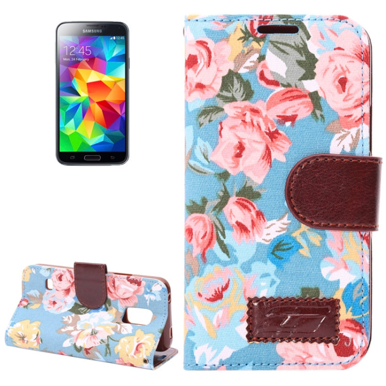 Flowers Pattern Horizontal Flip Leather Case with Card Slots & Holder for Galaxy S5 mini / G800  (Blue)