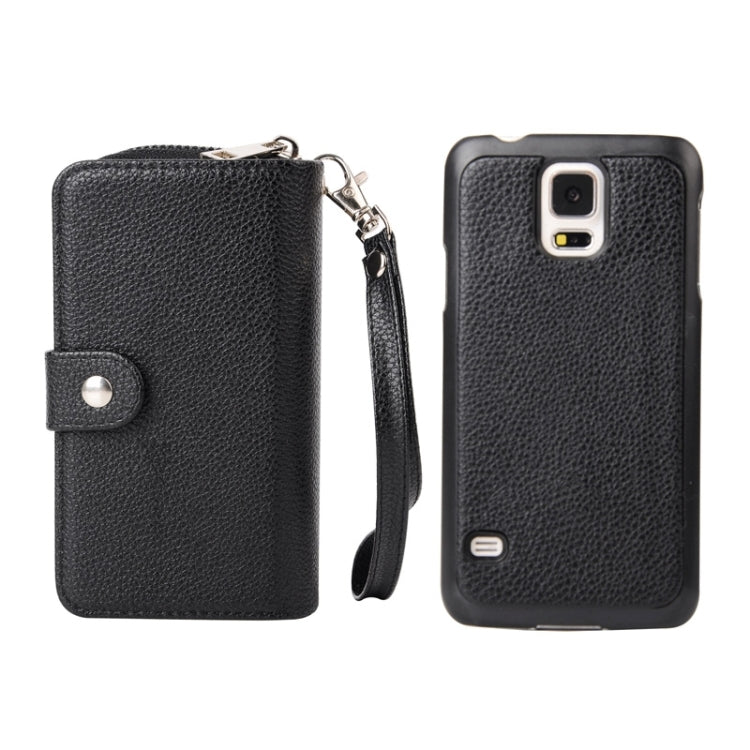 Multifunctional Separable Litchi Texture Solid Color Leather Case with Card Slots & Lanyard for Galaxy S5 / G900(Black)