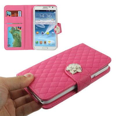 Plaid Texture Diamond Flower Button Flip Soft Leather Case with Credit Card Slots & Lanyard & Holder for Galaxy  Note II / N7100