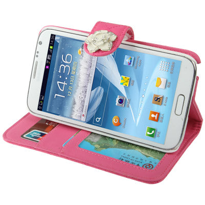Plaid Texture Diamond Flower Button Flip Soft Leather Case with Credit Card Slots & Lanyard & Holder for Galaxy  Note II / N7100
