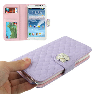 Plaid Texture Diamond Flower Button Flip Soft Leather Case with Credit Card Slots & Lanyard & Holder for Galaxy  Note II / N7100