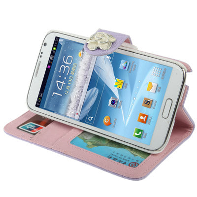 Plaid Texture Diamond Flower Button Flip Soft Leather Case with Credit Card Slots & Lanyard & Holder for Galaxy  Note II / N7100
