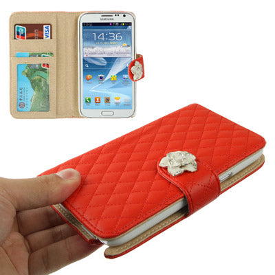 Plaid Texture Diamond Flower Button Flip Soft Leather Case with Credit Card Slots & Lanyard & Holder for Galaxy  Note II / N7100