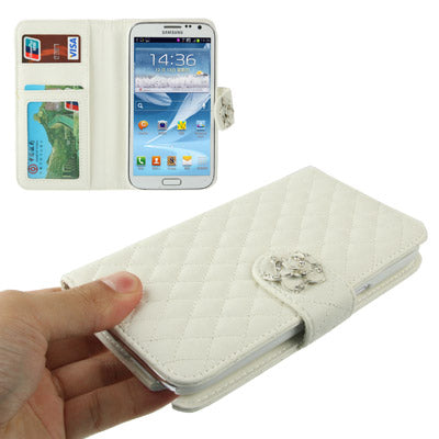 Plaid Texture Diamond Flower Button Flip Soft Leather Case with Credit Card Slots & Lanyard & Holder for Galaxy  Note II / N7100