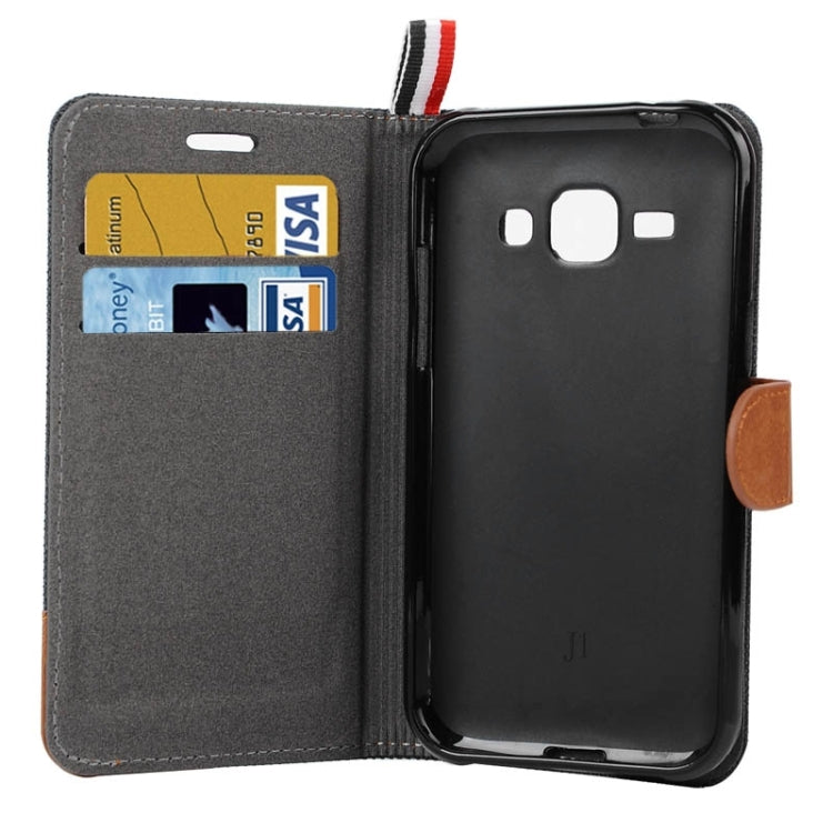 Denim Texture Horizontal Flip Leather Case with Card Slots & Holder & Lanyard for Galaxy J1 / J100