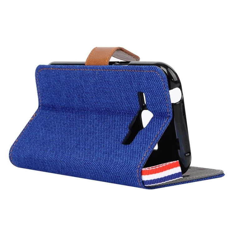 Denim Texture Horizontal Flip Leather Case with Card Slots & Holder & Lanyard for Galaxy J1 / J100