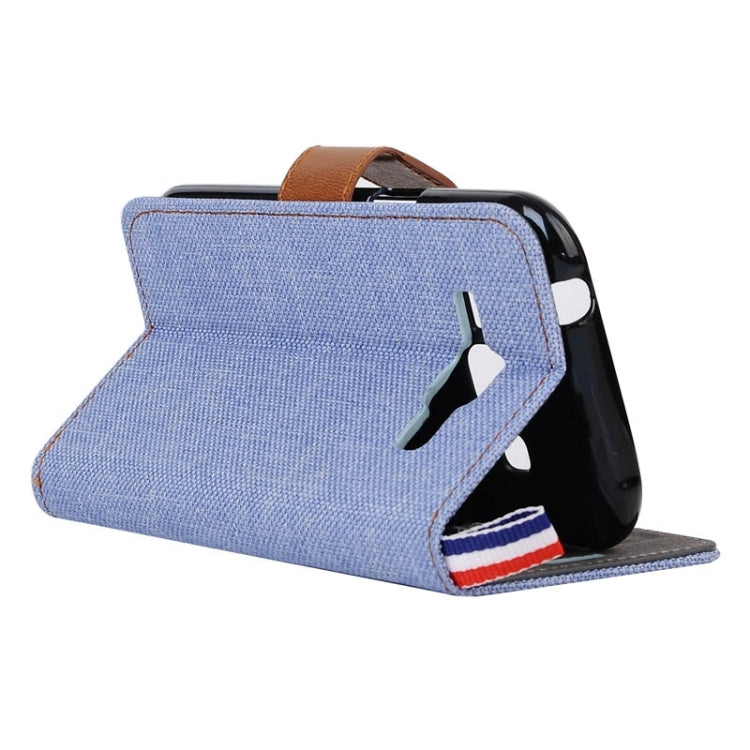 Denim Texture Horizontal Flip Leather Case with Card Slots & Holder & Lanyard for Galaxy J1 / J100