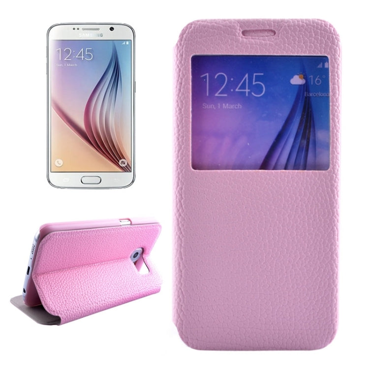 For Galaxy S6 / G920 Litchi Texture Solid Color Horizontal Flip Leather Case with Holder & Caller ID Window