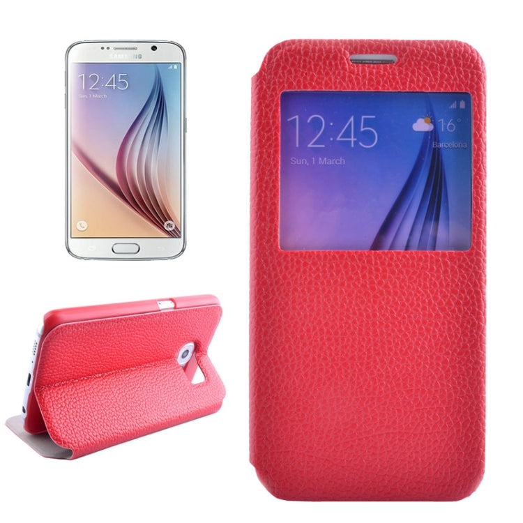 For Galaxy S6 / G920 Litchi Texture Solid Color Horizontal Flip Leather Case with Holder & Caller ID Window