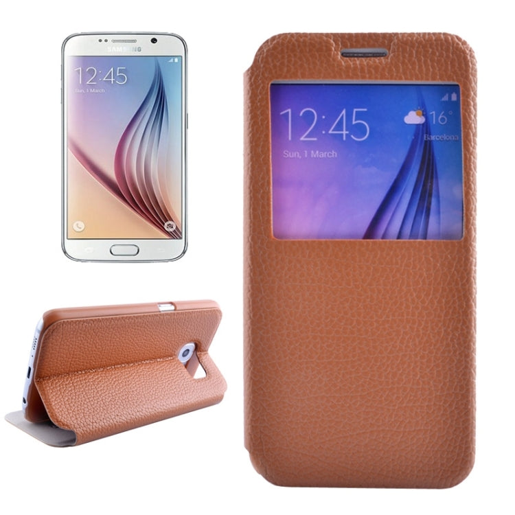 For Galaxy S6 / G920 Litchi Texture Solid Color Horizontal Flip Leather Case with Holder & Caller ID Window