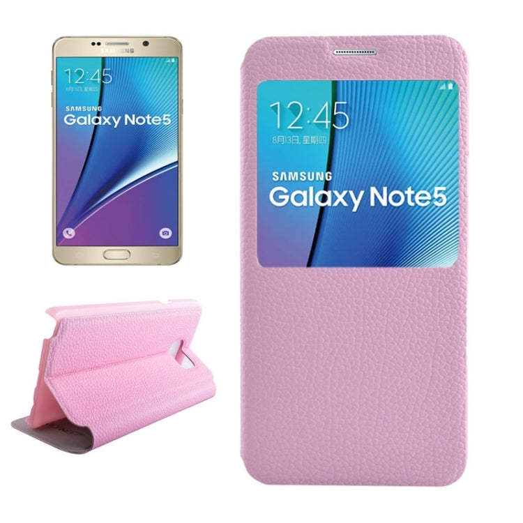 Litchi Texture Solid Color Horizontal Flip Leather Case with Holder & Caller ID Window for Galaxy Note 5 / N9200