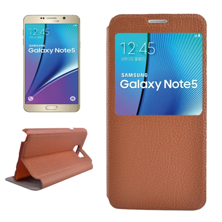 Litchi Texture Solid Color Horizontal Flip Leather Case with Holder & Caller ID Window for Galaxy Note 5 / N9200