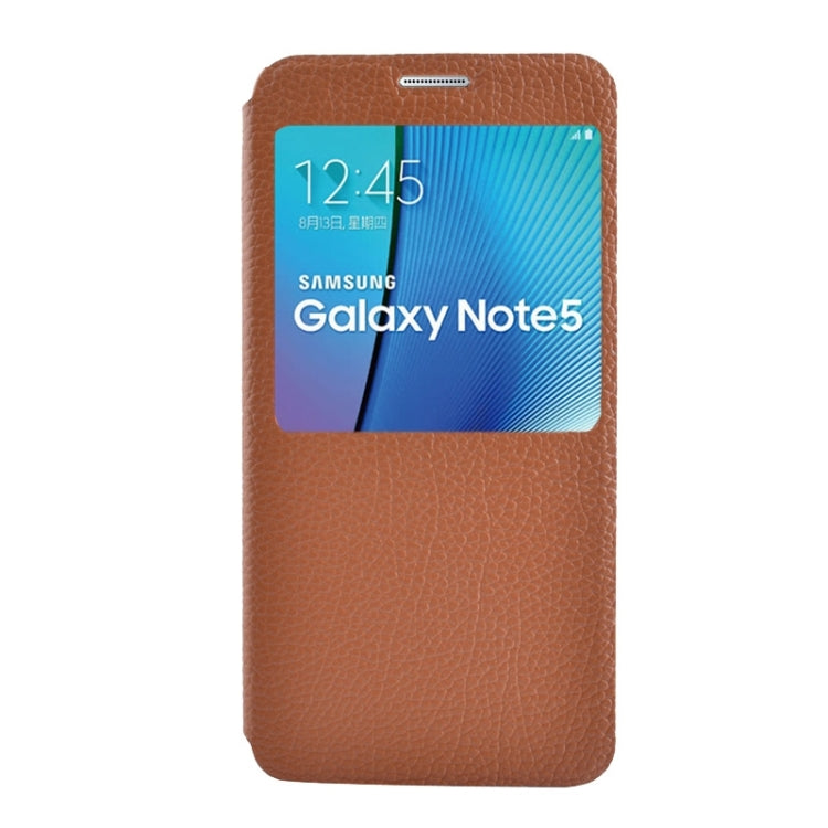 Litchi Texture Solid Color Horizontal Flip Leather Case with Holder & Caller ID Window for Galaxy Note 5 / N9200