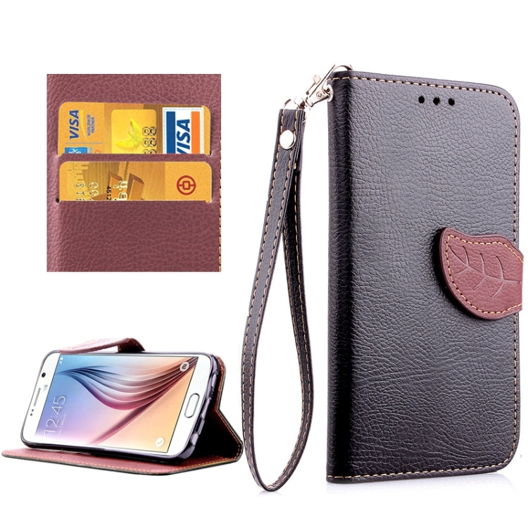 For Galaxy S6 / G920 Leaf Magnetic Snap Litchi Texture Horizontal Flip Leather Case with Card Slots & Holder & Lanyard