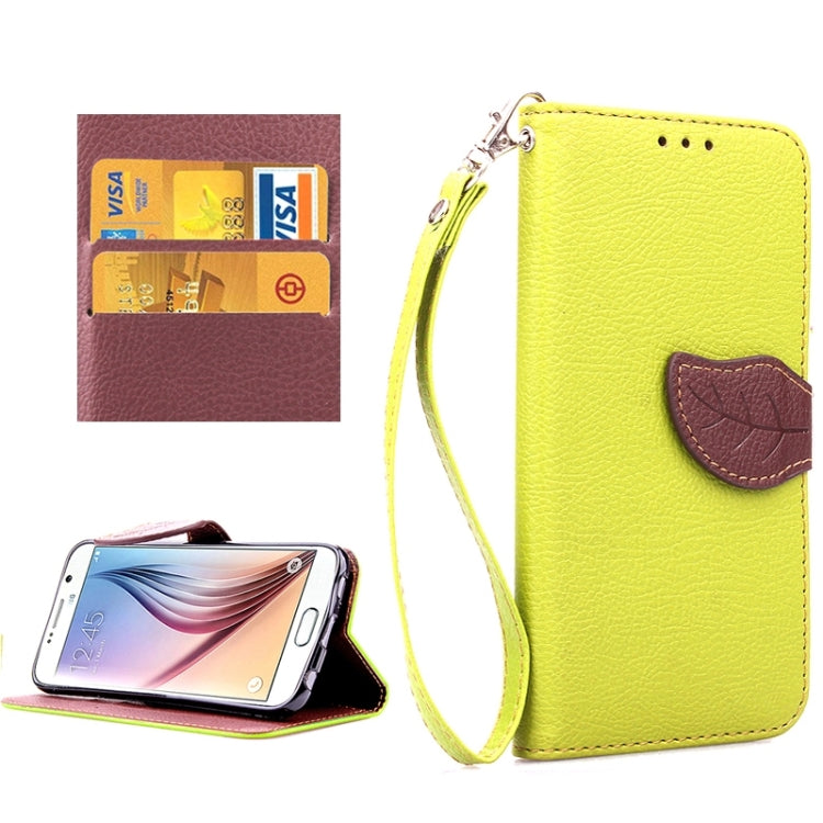 For Galaxy S6 / G920 Leaf Magnetic Snap Litchi Texture Horizontal Flip Leather Case with Card Slots & Holder & Lanyard