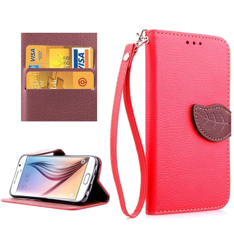 For Galaxy S6 / G920 Leaf Magnetic Snap Litchi Texture Horizontal Flip Leather Case with Card Slots & Holder & Lanyard