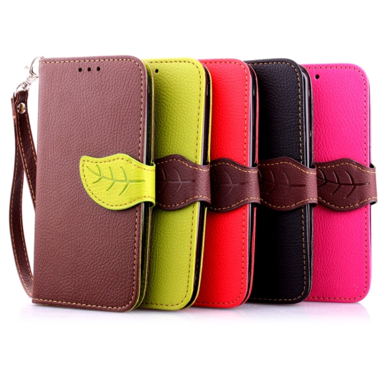 For Galaxy S6 / G920 Leaf Magnetic Snap Litchi Texture Horizontal Flip Leather Case with Card Slots & Holder & Lanyard