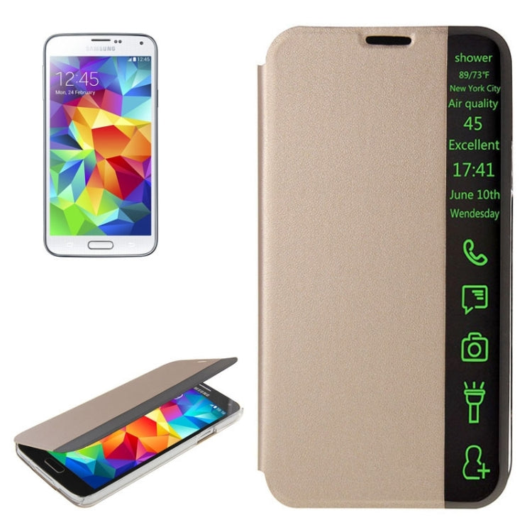 Horizontal Flip Smart Health Leather Protective Case with Display Window for Galaxy S5 / G900(Gold)