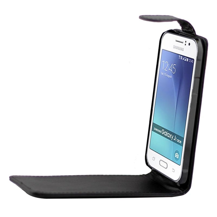 Vertical Flip Magnetic Buckle PU Leather Case for Galaxy J1 Ace(Black)