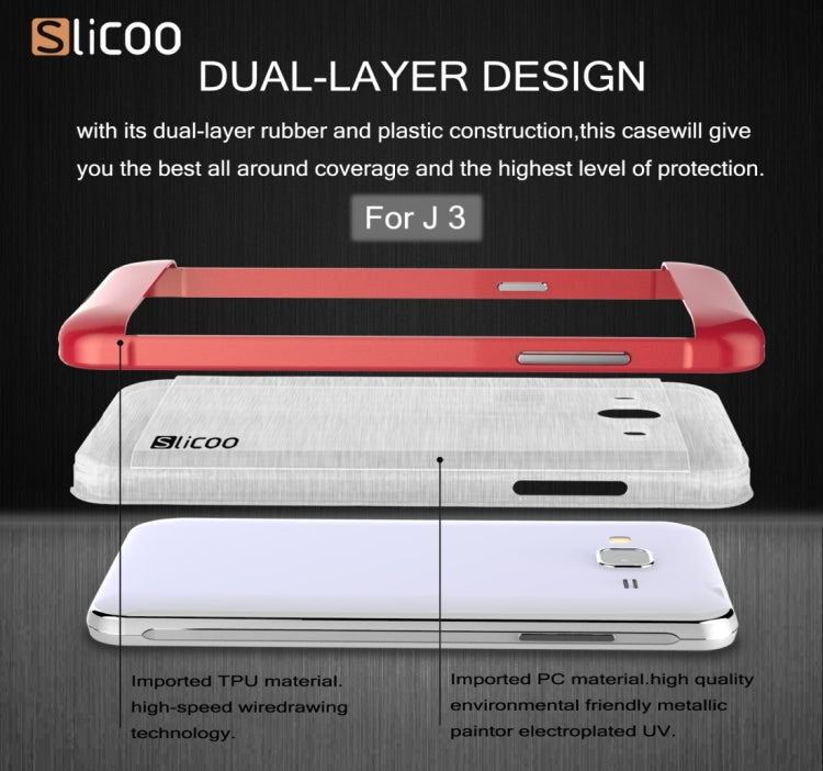 Slicoo Brushed Texture Electroplating Transparenct TPU + PC Combination Case for Galaxy J3 / J3109