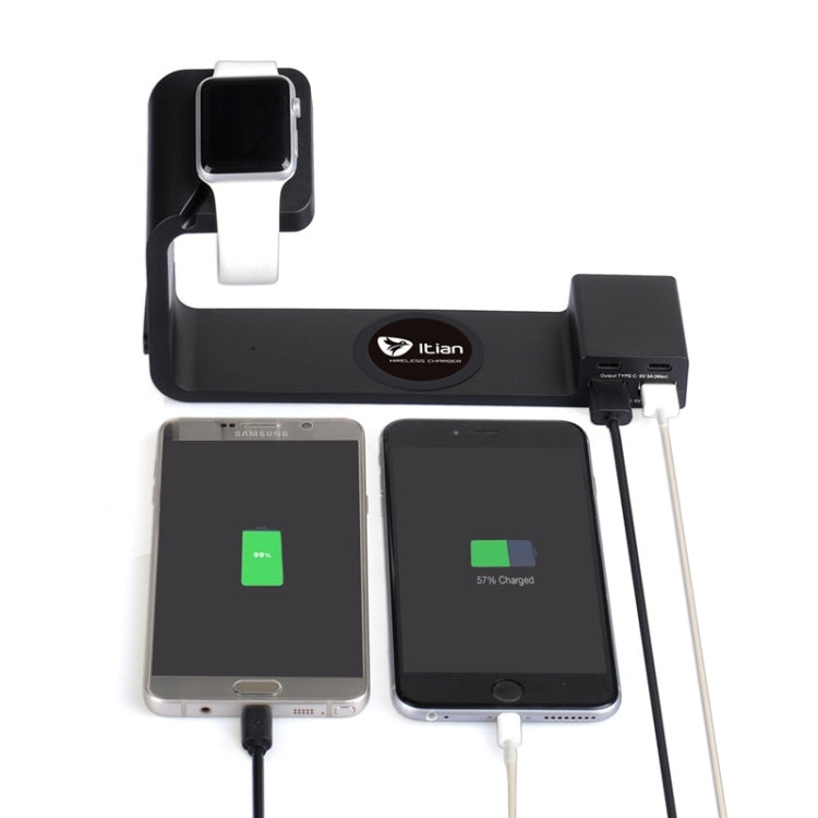 Itian A12 Qi Standard Wireless Charging Stand with Watch Dock & USB Ports  for iPhone 8 / 8 Plus / X &  Galaxy S6 / S6 edge+ / Note 5 / Nokia / LG / iPhone / HTC and Other Mobile Phone(Black)