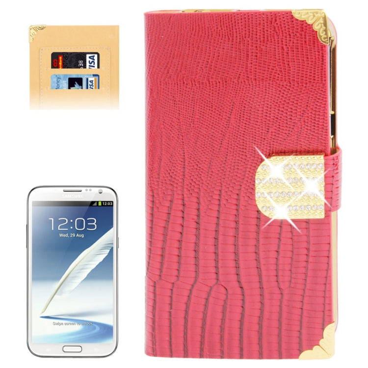 High Quality Lizard Texture Diamond Encrusted Button Horizontal Flip Leather Case with Credit Card Slots for Galaxy Note II / N7100(Red)
