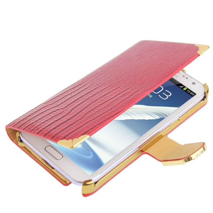 High Quality Lizard Texture Diamond Encrusted Button Horizontal Flip Leather Case with Credit Card Slots for Galaxy Note II / N7100(Red)