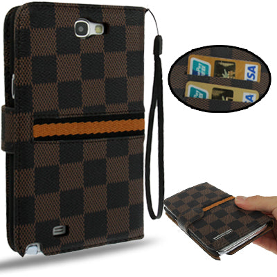 Grid Texture Flip Leather Case with  Credit Card Slots & Lanyard for Galaxy Note II / N7100
