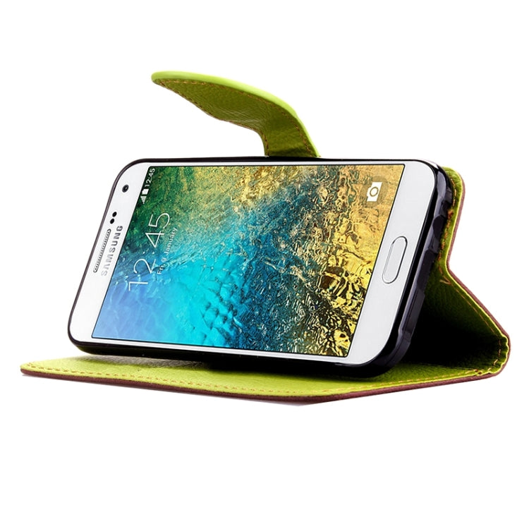 Leaf Magnetic Snap Litchi Texture Horizontal Flip Leather Case with Card Slots & Holder & Lanyard for Galaxy E5/ E5000