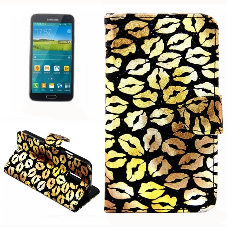 Lips Pattern Flash Powder Series Leather Case with Holder & Card Slots for Galaxy S5 / G900