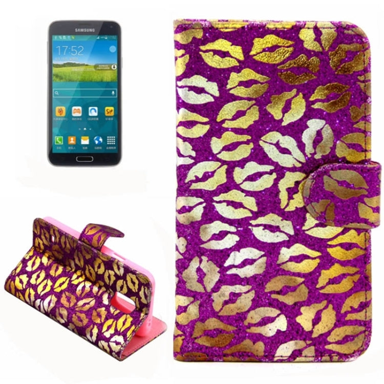 Lips Pattern Flash Powder Series Leather Case with Holder & Card Slots for Galaxy S5 / G900