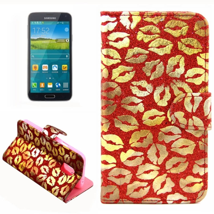 Lips Pattern Flash Powder Series Leather Case with Holder & Card Slots for Galaxy S5 / G900