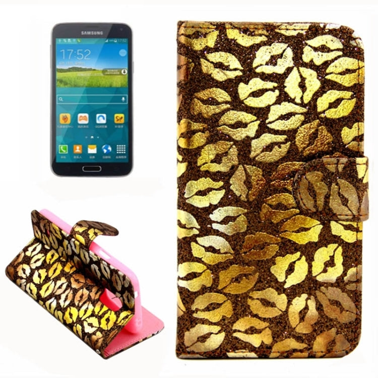 Lips Pattern Flash Powder Series Leather Case with Holder & Card Slots for Galaxy S5 / G900