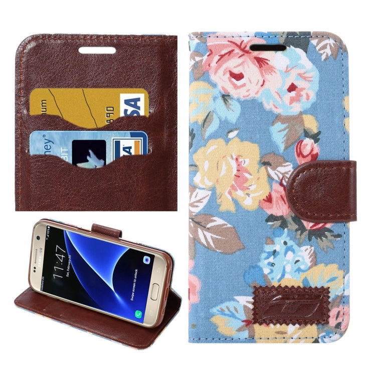 For Galaxy S7/G930 Flower Pattern Cloth Surface Horizontal Flip Leather Case with Holder & Card Slots (Blue)