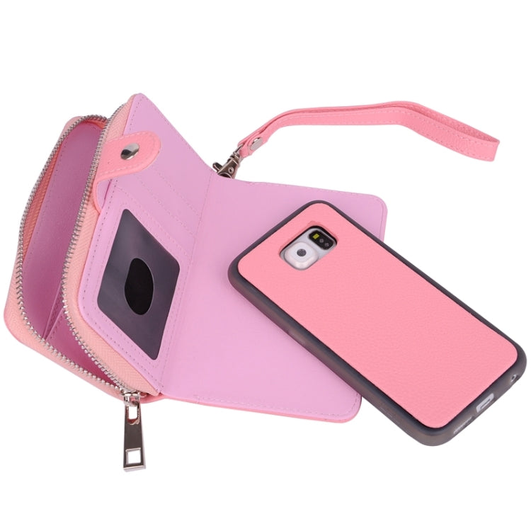 For Galaxy S6 / G920 Multifunctional Separable Litchi Texture Solid Color Leather Case with Zipper & Card Slots & Lanyard