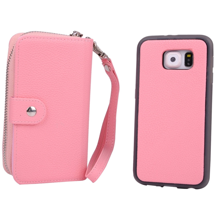 For Galaxy S6 / G920 Multifunctional Separable Litchi Texture Solid Color Leather Case with Zipper & Card Slots & Lanyard