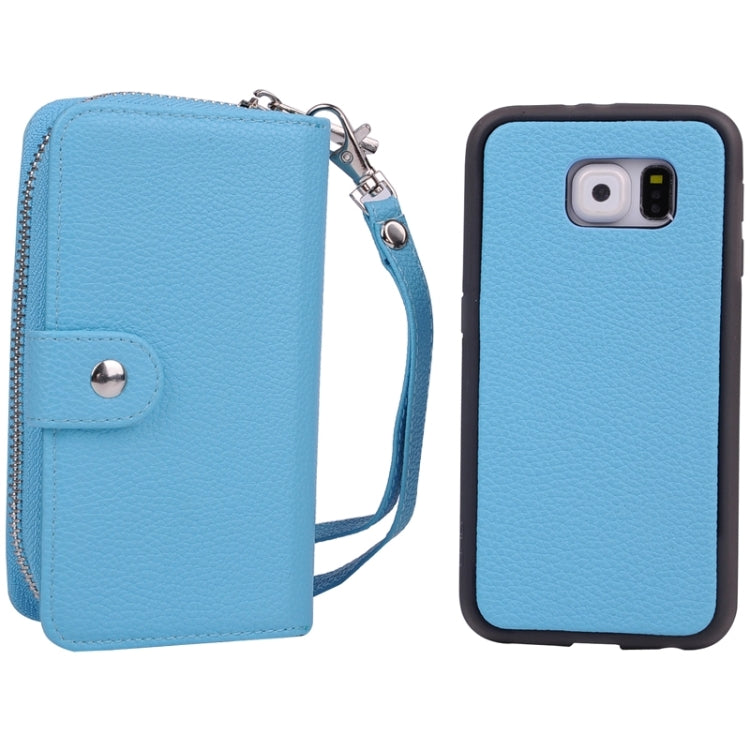 For Galaxy S6 / G920 Multifunctional Separable Litchi Texture Solid Color Leather Case with Zipper & Card Slots & Lanyard