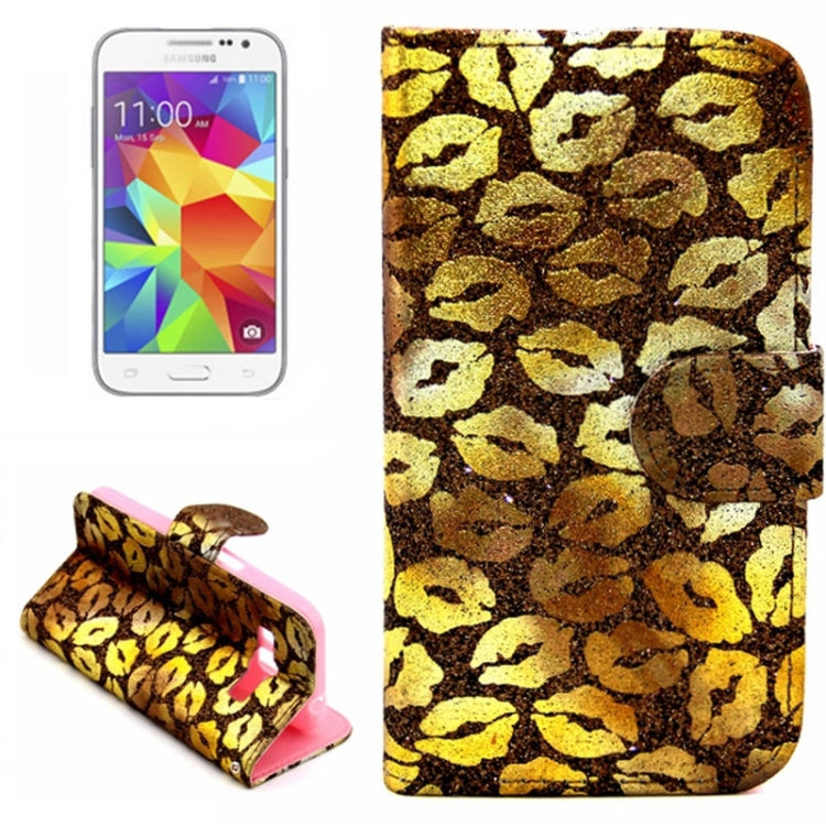 Golden Lips Pattern Flip Leather Case with Holder & Card Slots for Galaxy Core Prime / G360