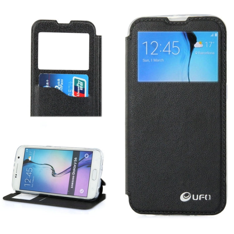 For Galaxy S6 / G920 UFO Horizontal Flip Orange Peel TPU PU Leather Case with Call Display & Holder & Card Slot & Wallet