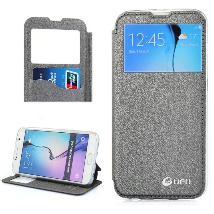 For Galaxy S6 / G920 UFO Horizontal Flip Orange Peel TPU PU Leather Case with Call Display & Holder & Card Slot & Wallet