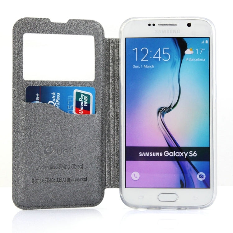 For Galaxy S6 / G920 UFO Horizontal Flip Orange Peel TPU PU Leather Case with Call Display & Holder & Card Slot & Wallet