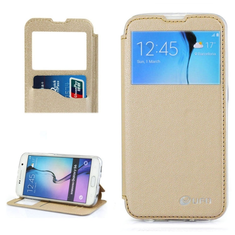 For Galaxy S6 / G920 UFO Horizontal Flip Orange Peel TPU PU Leather Case with Call Display & Holder & Card Slot & Wallet